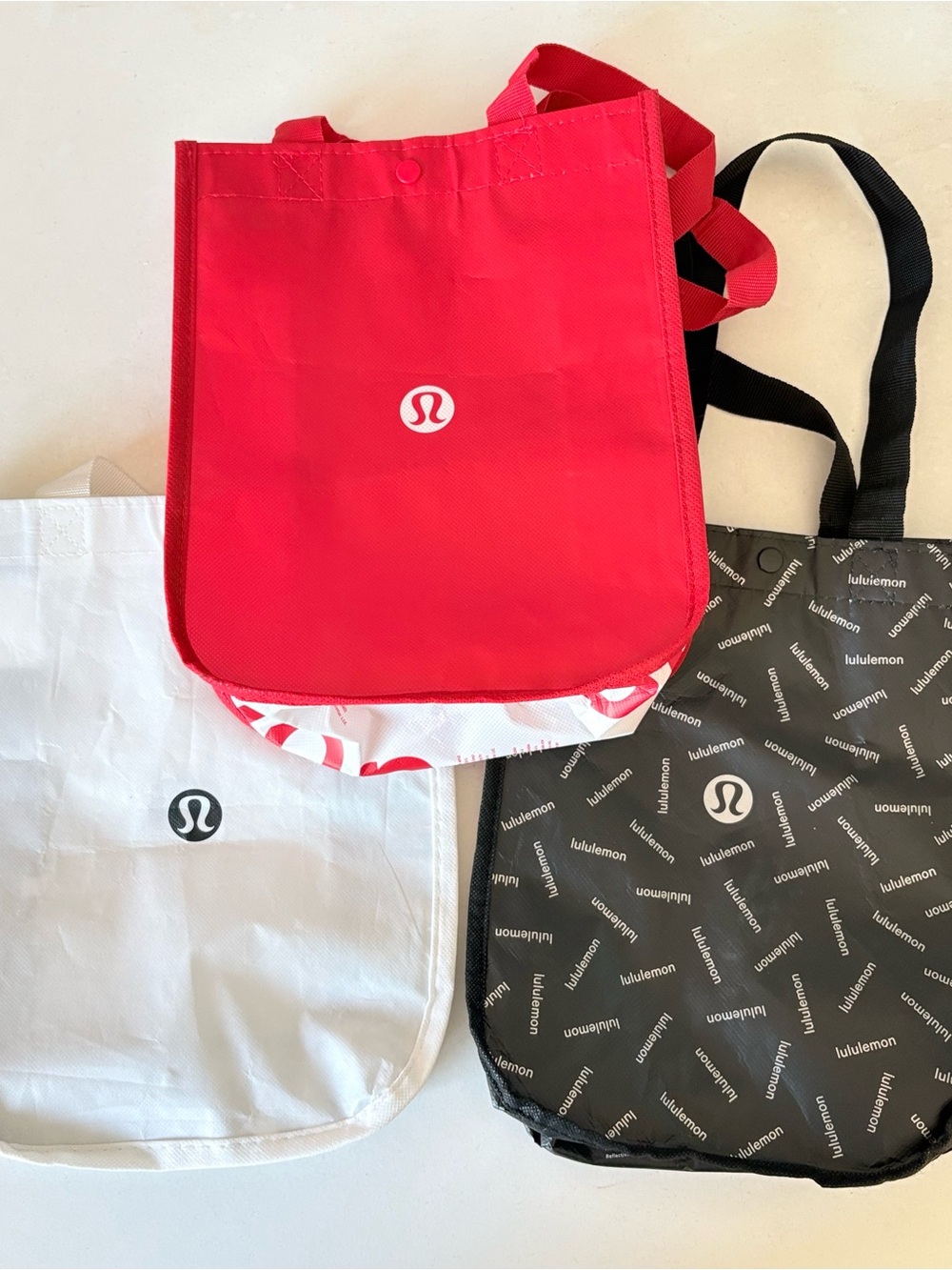 Lot of 3 Lululemon Small Reusable Shopping Tote Bag 11”x9” Red White Black ~ New